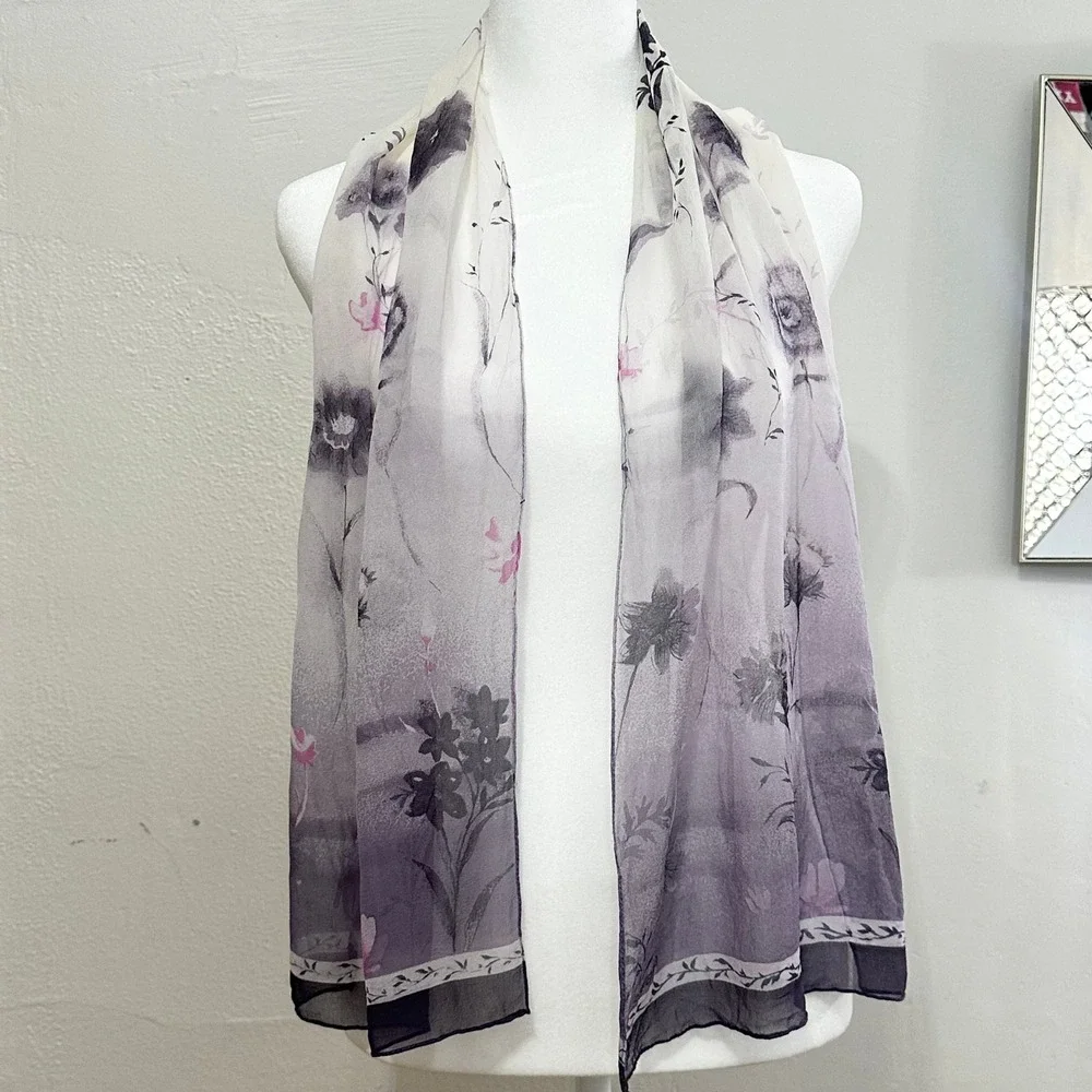 Bill Blass Purple Floral 100% Silk Scarf Wrap Botanical Print Vintage 52 x 13
